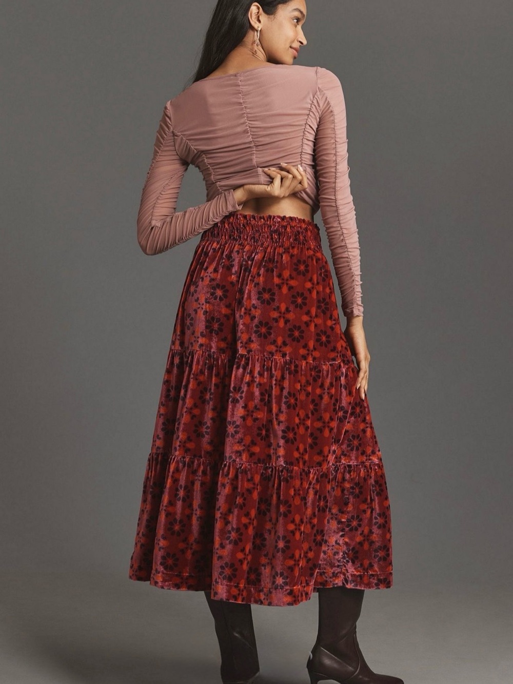 The Somerset Maxi Skirt Anthro Velvet Tiered Pink Multi Floral Pockets Small - Picture 2 of 9